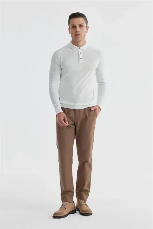 Ekru Slim Fit Yünlü Desenli Polo Yaka Triko - 2