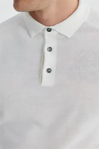 Ekru Slim Fit Yünlü Desenli Polo Yaka Triko - 4