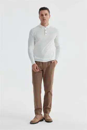 Ekru Slim Fit Yünlü Desenli Polo Yaka Triko - JAKAMEN (1)