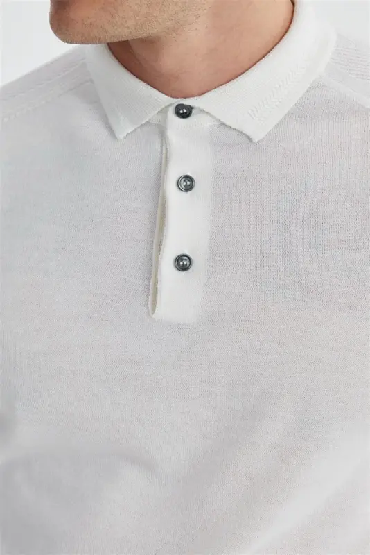 Ekru Slim Fit Yünlü Desenli Polo Yaka Triko - 4