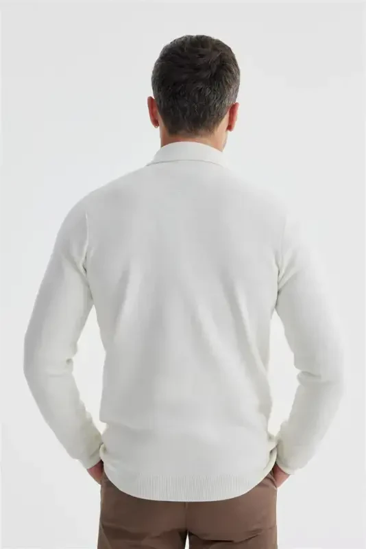 Ekru Slim Fit Yünlü Düğmeli Polo Yaka Triko - 4