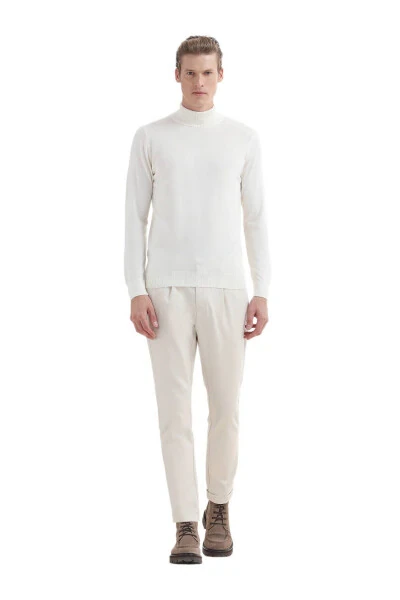 Ekru Tam Balıkçı Yaka Düz Örgü Yün Karışımlı Triko Kazak - Ramsey (1)