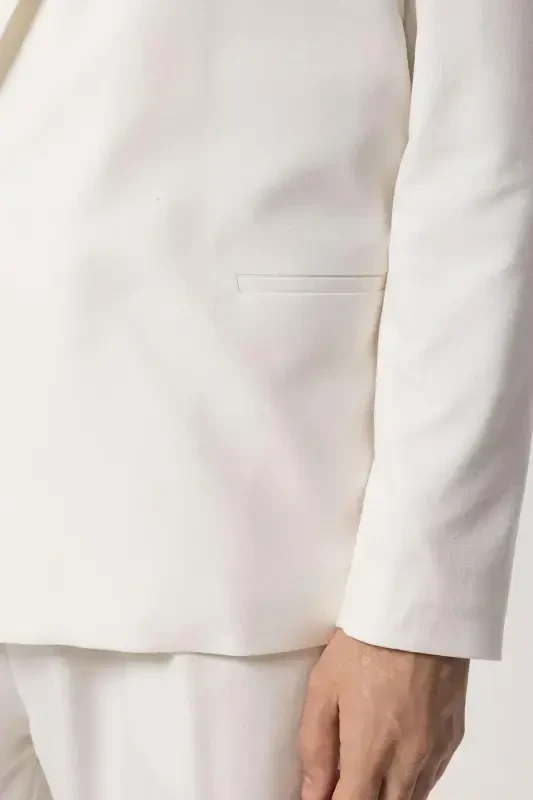 Ekru Tek Düğme Kruvaze Kapama Erkek Blazer Ceket-Ekru - 5