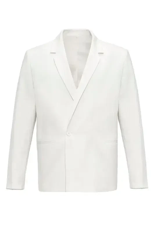 Ekru Tek Düğme Kruvaze Kapama Erkek Blazer Ceket-Ekru - 7