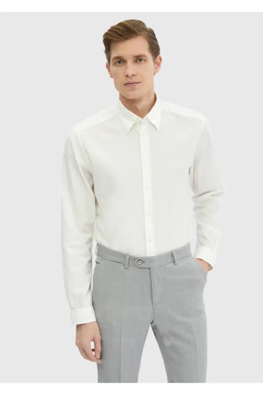 Ekru tekis Casual Fit Dokuma Casual Paxta aralash ko'ylak - 1