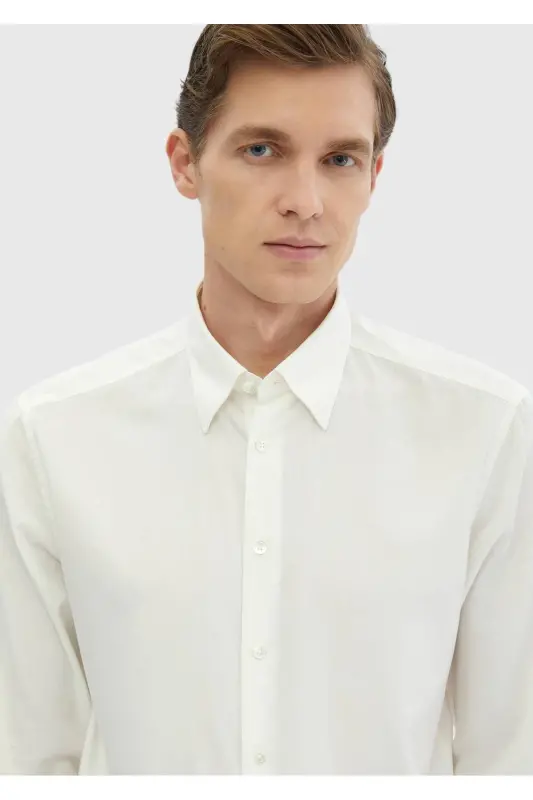 Ekru tekis Casual Fit Dokuma Casual Paxta aralash ko'ylak - 2