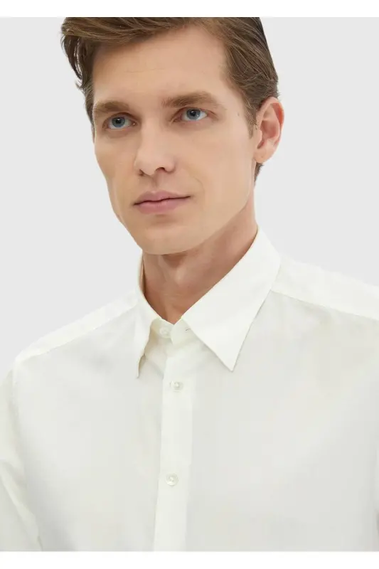 Ekru tekis Casual Fit Dokuma Casual Paxta aralash ko'ylak - 3