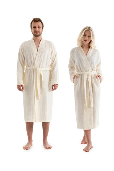 Ekru Unisex Kimono Müslin Bornoz - %100 Pamuklu & Yüksek Su Emici Bornoz-Ekru - DENİZLİ CONCEPT (1)