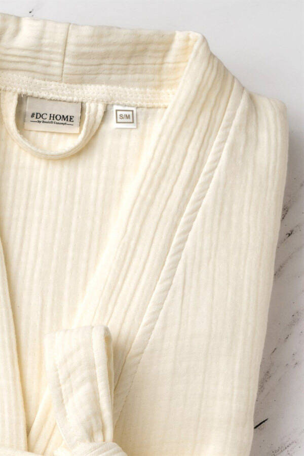 Ekru Unisex Kimono Müslin Bornoz - %100 Pamuklu & Yüksek Su Emici Bornoz-Ekru - 6