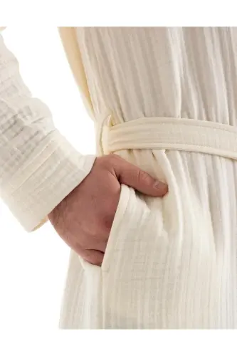 Ekru Unisex Kimono Müslin Bornoz - %100 Pamuklu & Yüksek Su Emici Bornoz - Ekru - 7