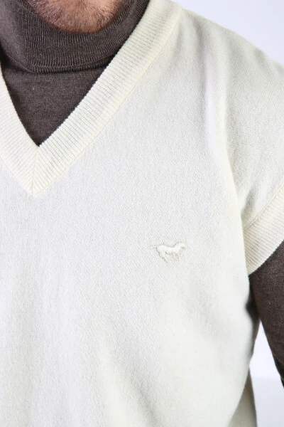 Ekru V Yaka %100 Kuzu Yünü Erkek Süveter - Modazone (1)