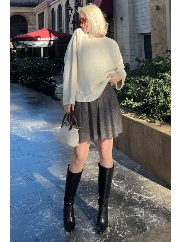 Ekru Velosiped Yaka Katta Triko Kozok Mg1972-Ekru - 9