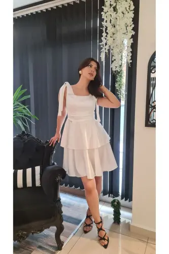 Ekrubeyaz Saten Kare Yaka ,Kolsuz,Omuzları Fiyonklu Söz Nişan Mezuniyet Elbisesi-ekrubeyaz 