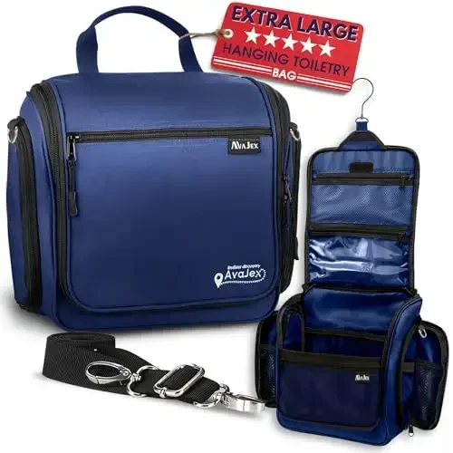 Extra Large (11.8”x11.8”x4”) Hanging Travel Toiletry Bag for Men and Women - Cosmetic Travel Bag With Shoulder Strap - Waterproof Hygiene Bag with Metal Swivel Hook and 19 Compartments for Toiletries - 1