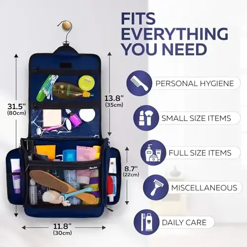 Extra Large (11.8”x11.8”x4”) Hanging Travel Toiletry Bag for Men and Women - Cosmetic Travel Bag With Shoulder Strap - Waterproof Hygiene Bag with Metal Swivel Hook and 19 Compartments for Toiletries - 6
