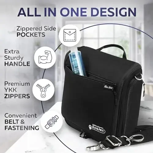 Extra Large (11.8”x11.8”x4”) Hanging Travel Toiletry Bag for Men and Women - Cosmetic Travel Bag With Shoulder Strap - Waterproof Hygiene Bag with Metal Swivel Hook and 19 Compartments for Toiletries - 3