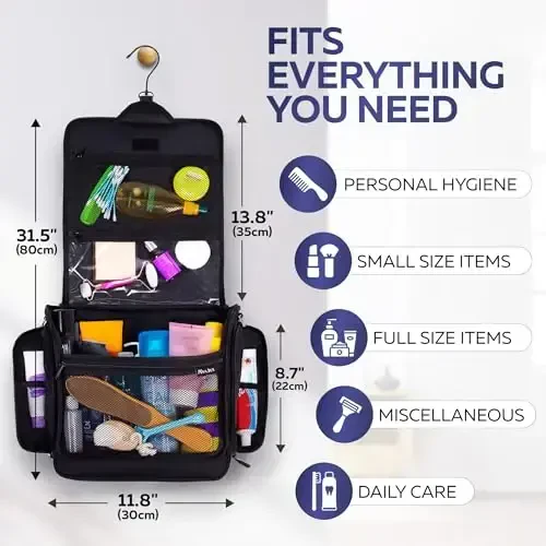 Extra Large (11.8”x11.8”x4”) Hanging Travel Toiletry Bag for Men and Women - Cosmetic Travel Bag With Shoulder Strap - Waterproof Hygiene Bag with Metal Swivel Hook and 19 Compartments for Toiletries - 6
