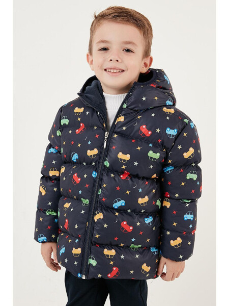 Lacivert Ekstra Dolgulu İçi Yumuşak Polarlı Kapüşonlu Şişme Mont 5763003-Lacivert - 4