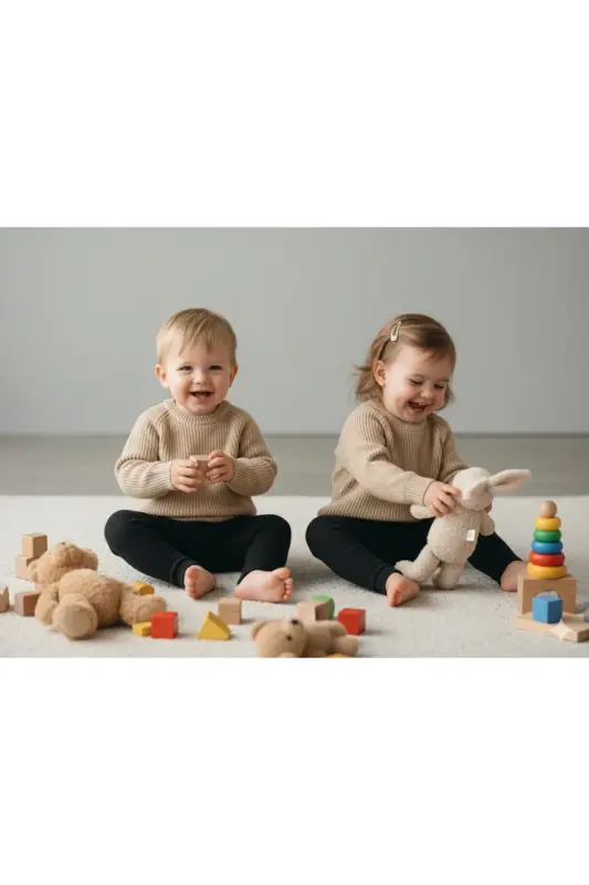 Esnek Bisiklet Yaka Selanik Örgü Unisex Bebek ve Çocuk Kazak-Taş Rengi - NIMINI KIDS