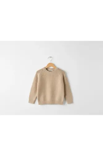 Esnek Bisiklet Yaka Selanik Örgü Unisex Bebek ve Çocuk Kazak - Taş Rengi - 3