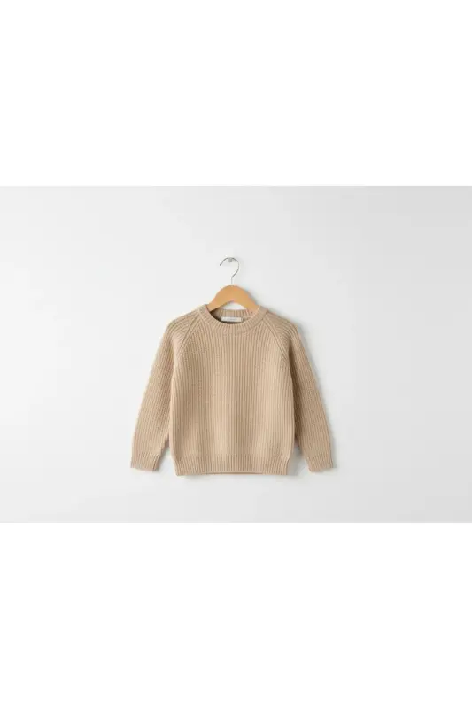 Esnek Bisiklet Yaka Selanik Örgü Unisex Bebek ve Çocuk Kazak - Taş Rengi - 3