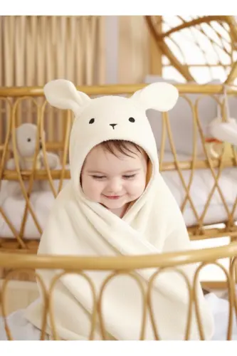 Ekstra Yumuşak Pamuklu Kız-erkek Yenidoğan/bebek Banyo Kundak Havlusu Ekru/tavşan-EKRU2 