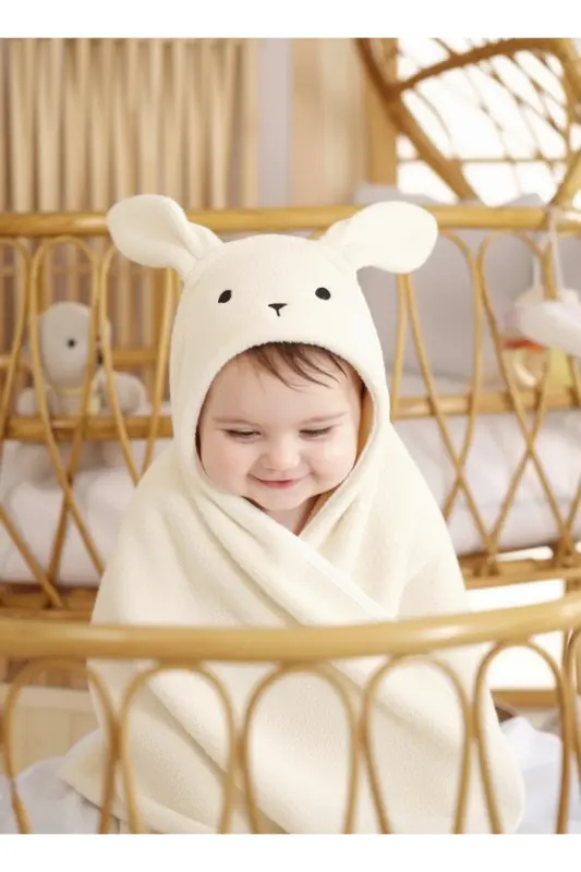 Ekstra Yumuşak Pamuklu Kız-erkek Yenidoğan/bebek Banyo Kundak Havlusu Ekru/tavşan-EKRU2 - 1