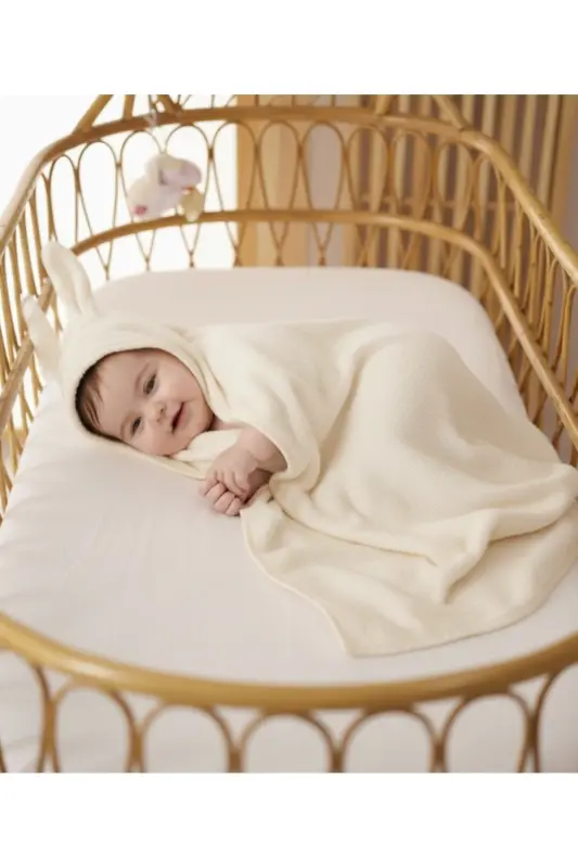 Ekstra Yumuşak Pamuklu Kız-erkek Yenidoğan/bebek Banyo Kundak Havlusu Ekru/tavşan-EKRU2 - 2