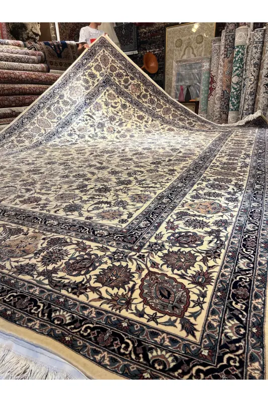 El Dokuma Çin İsfahan Halısı Birinci Sınıf Kalite ince Dokuma Ebatı 386x280-Mavi - 1