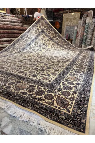 El Dokuma Çin İsfahan Halısı Birinci Sınıf Kalite ince Dokuma Ebatı 386x280-Mavi - 3