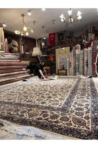 El Dokuma Çin İsfahan Halısı Birinci Sınıf Kalite ince Dokuma Ebatı 386x280-Mavi - 5