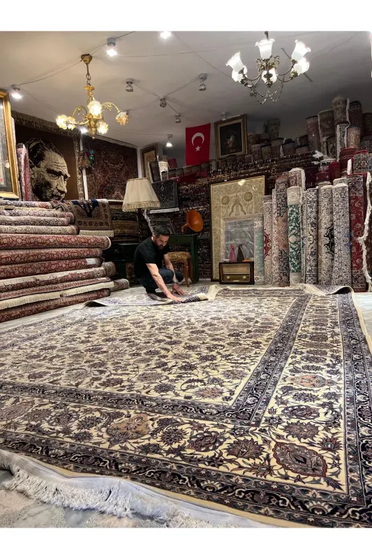 El Dokuma Çin İsfahan Halısı Birinci Sınıf Kalite ince Dokuma Ebatı 386x280-Mavi - 5