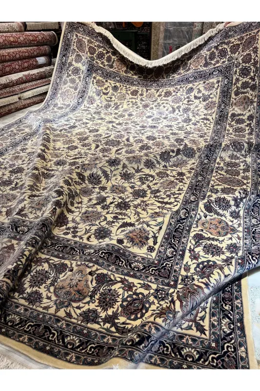 El Dokuma Çin İsfahan Halısı Birinci Sınıf Kalite ince Dokuma Ebatı 386x280-Mavi - 6