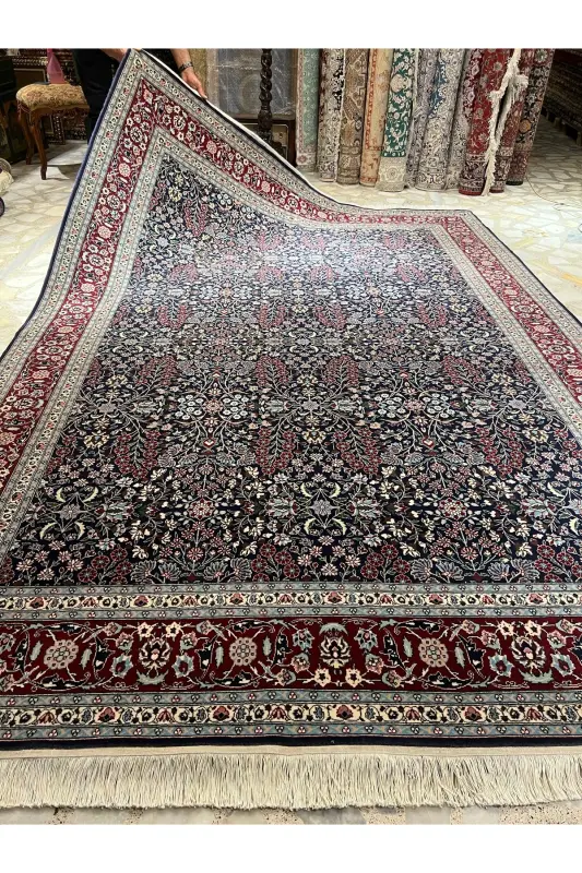 El Dokuma Hereke Gilami Yetti Tog'ning Gul modeli O'lchami 310x218-Lacivert - RD RAMAZAN DAĞ EL HALI SANATI