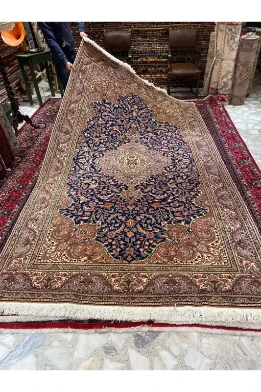 El Dokuma Kayseri Hacılar Dokuması birinci sınıf kalite pamuk üstü yün Dokuma olup kök boya 300x200-Lacivert - 2