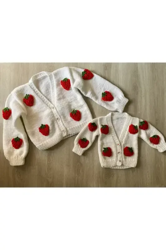 El Örgüsü Anne/kız Kombini Çilekli Hırka-Beyaz - 1