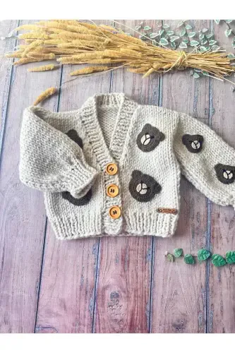 El Örgüsü Ayı Desen Bej Rengi Bebek Hırka - SERASKIDS (1)