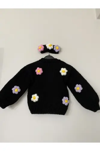 El Örgüsü Çiçekli Bebek Kız Siyah Hırka-SİYAH 