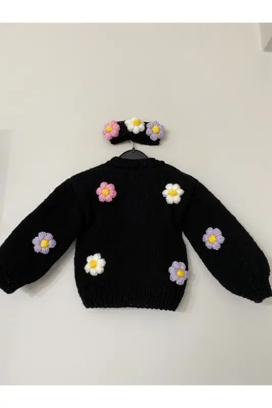 El Örgüsü Çiçekli Bebek Kız Siyah Hırka-SİYAH - EL ÖRGÜSÜ CİCİ BEBE
