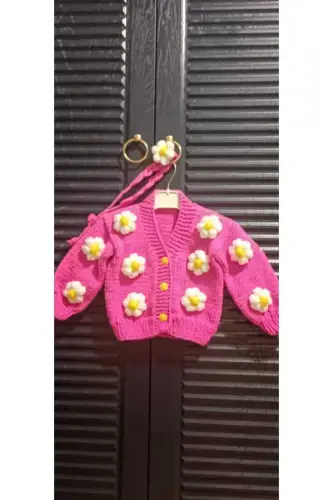 El Örgüsü Çiçekli Kız Hırka-FUŞYA - 1