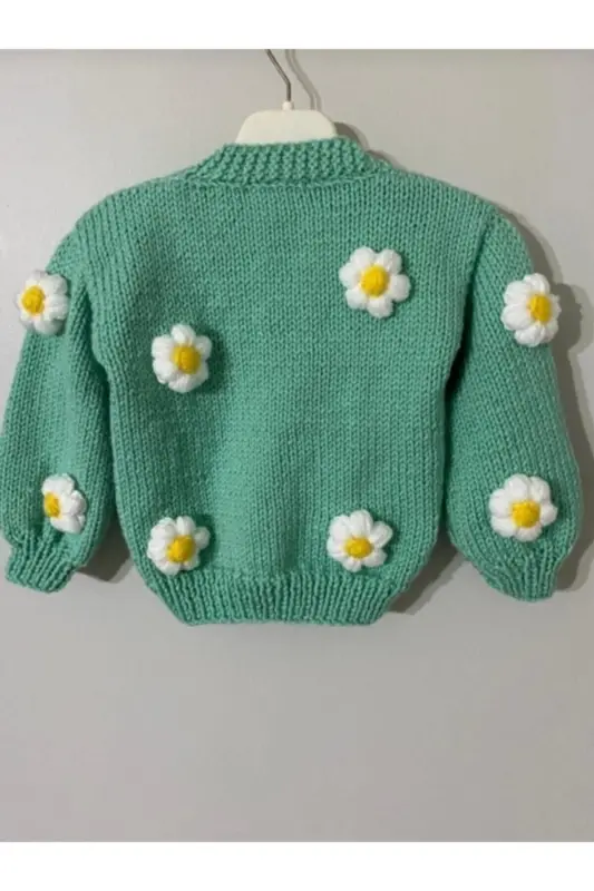 El Örgüsü Çiçekli Yeşil Kız Hırka-YEŞİL - 2