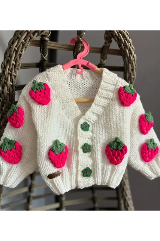 El Örgüsü Çilek Detaylı Kız Bebek ,Çocuk Hırkası-KREM - 1