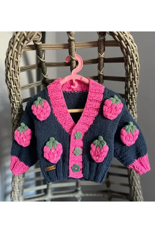 El Örgüsü Çilek Detaylı Kız Bebek ,Çocuk Hırkası-LACİVERT - 1