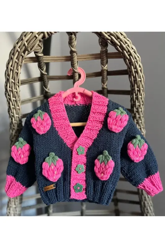 El Örgüsü Çilek Detaylı Kız Bebek ,Çocuk Hırkası-LACİVERT - 2