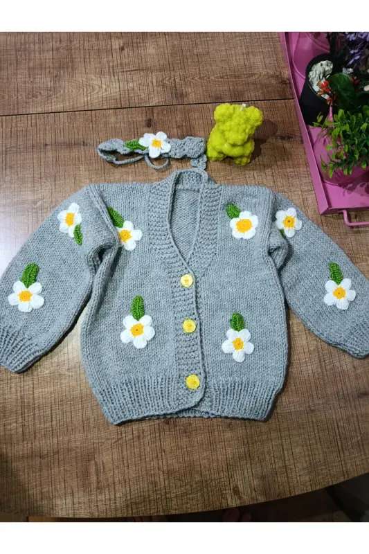 EL ÖRGÜSÜ ÇOCUK HIRKA-Gri - EL ÖRGÜSÜ CİCİ BEBE