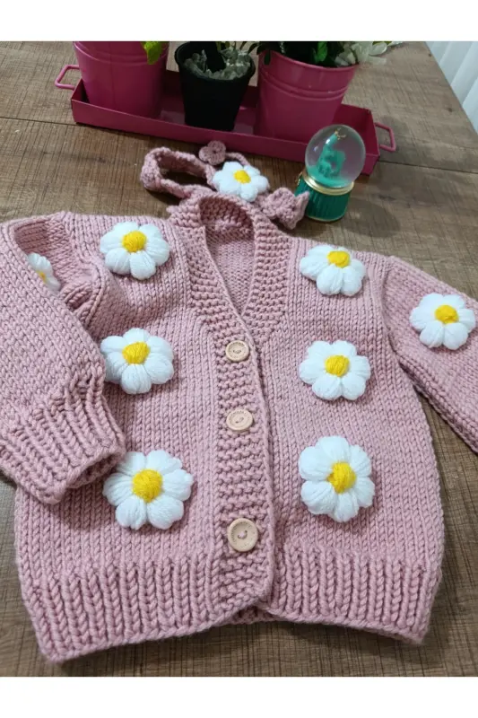 EL ÖRGÜSÜ ÇOCUK HIRKA-Pudra rengi - 2