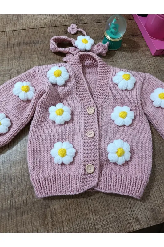 EL ÖRGÜSÜ ÇOCUK HIRKA-Pudra rengi - 4