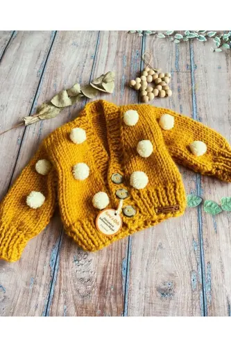 El Örgüsü Hardal Rengi Ponpon Model Bebek Crop Hırka - 1