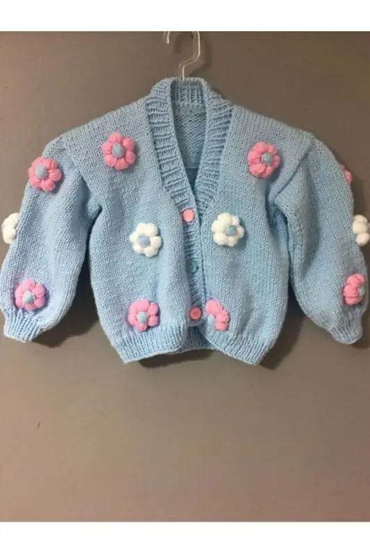 El Örgüsü Kız Bebek Çiçekli Hırka - Mavi - 1