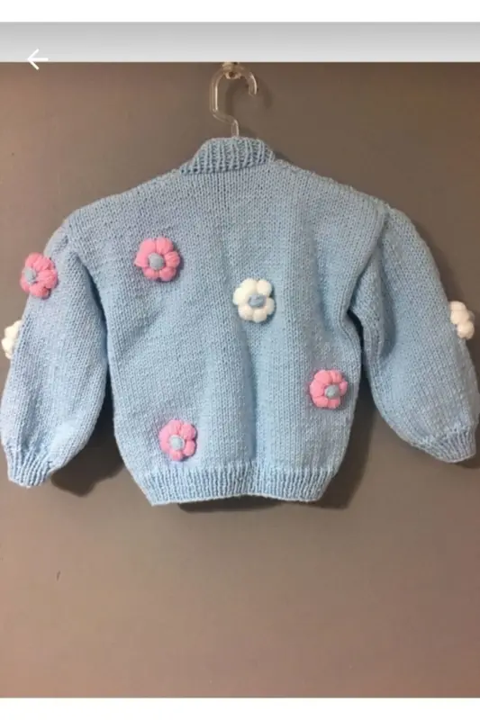 El Örgüsü Kız Bebek Çiçekli Hırka - Mavi - 3